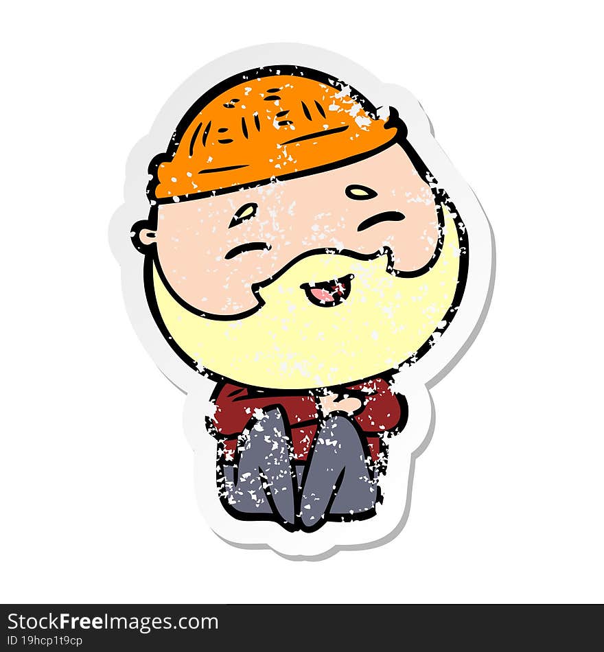 distressed sticker of a cartoon happy bearded man