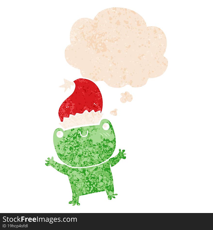 cute cartoon frog wearing christmas hat with thought bubble in grunge distressed retro textured style. cute cartoon frog wearing christmas hat with thought bubble in grunge distressed retro textured style