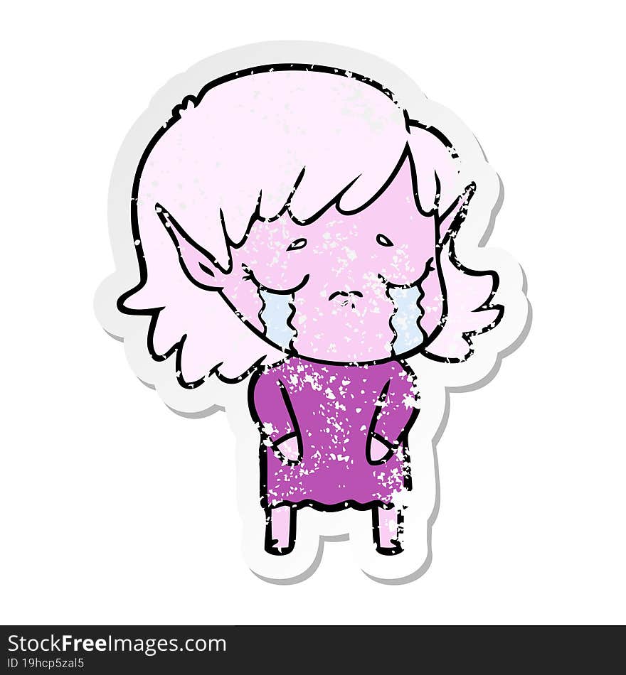 distressed sticker of a cartoon crying elf girl