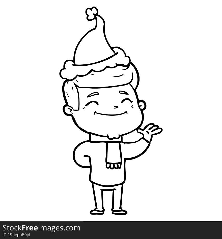 happy line drawing of a man wearing santa hat