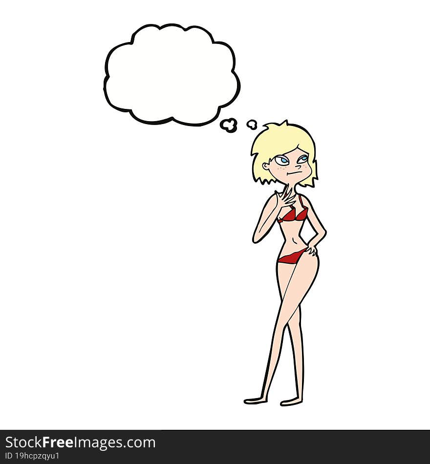 cartoon woman in bikini with thought bubble