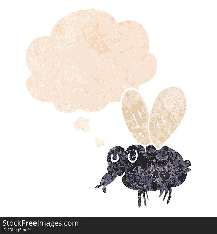 cartoon fly and thought bubble in retro textured style