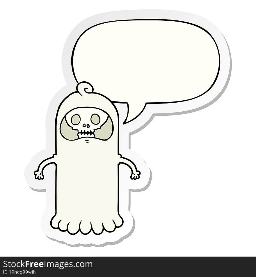 cartoon spooky skull ghost and speech bubble sticker