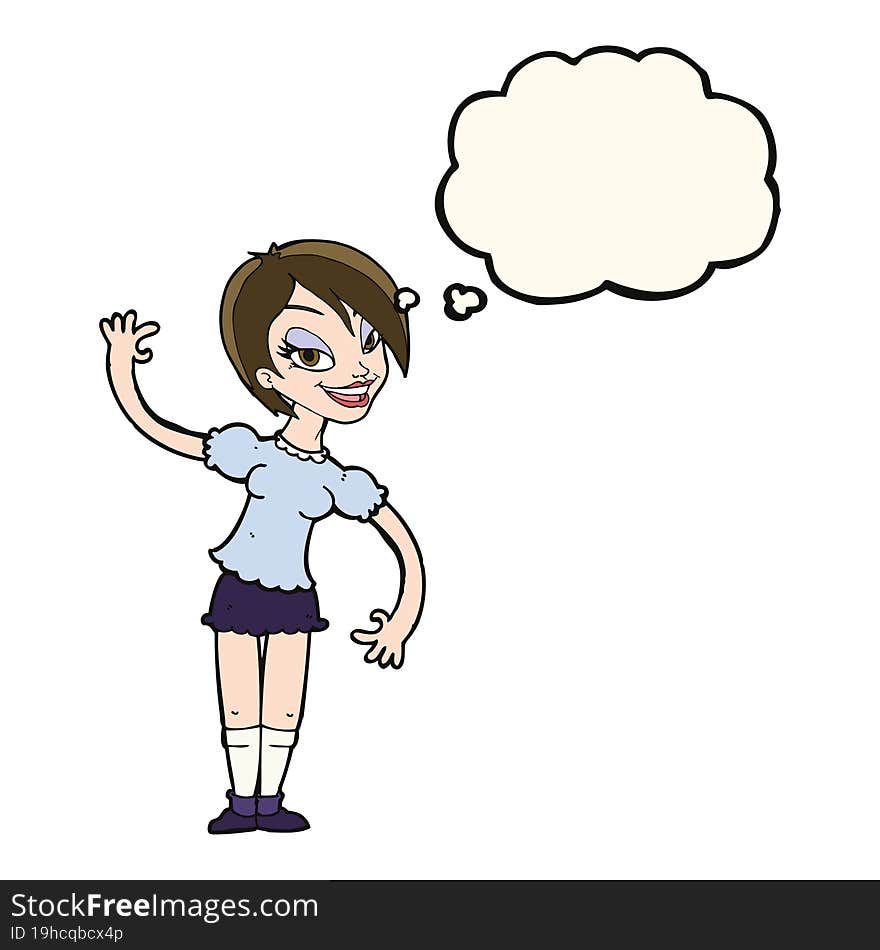 cartoon girl waving with thought bubble