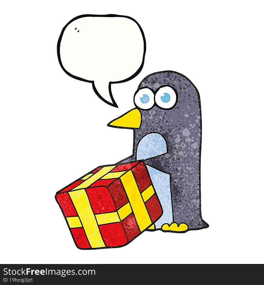 speech bubble textured cartoon penguin with christmas present