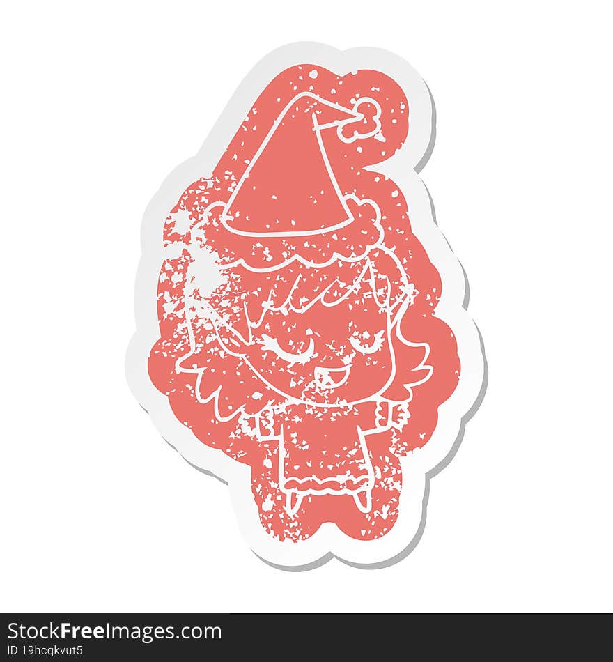 happy cartoon distressed sticker of a elf girl wearing santa hat