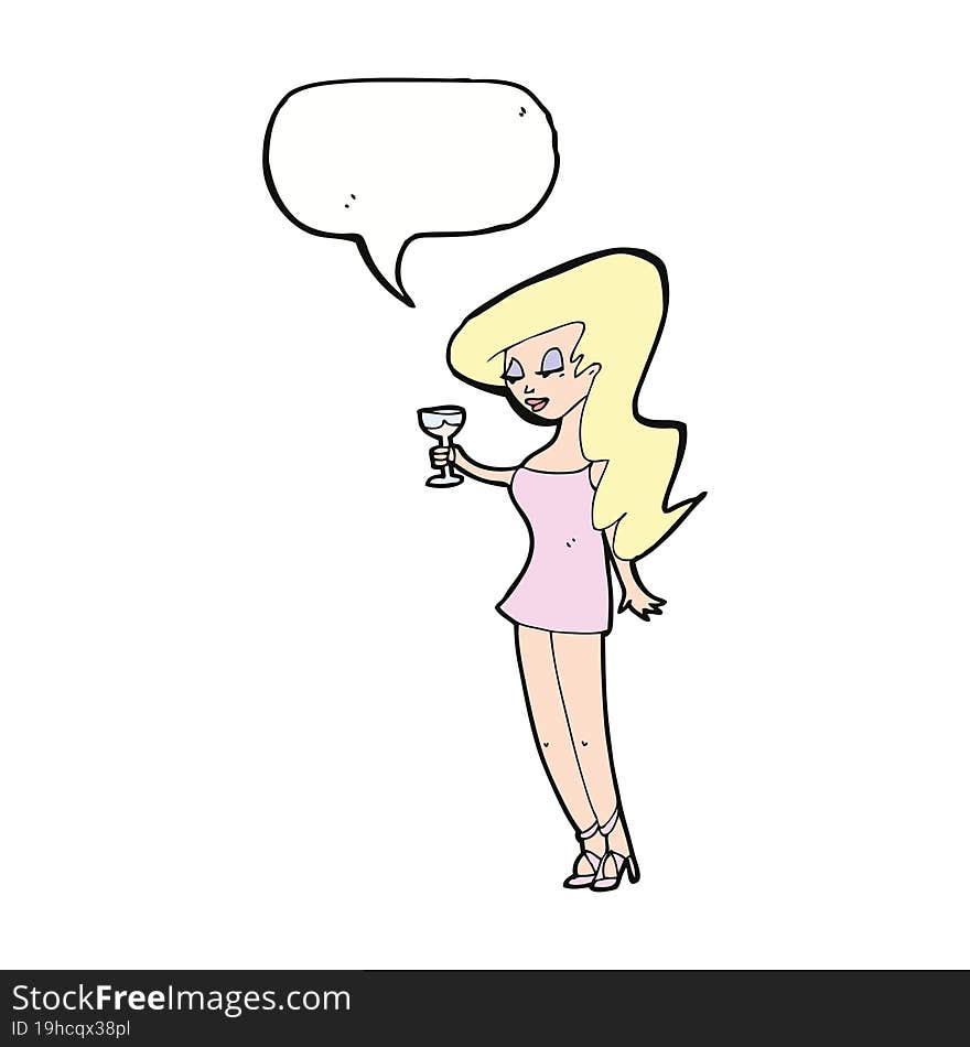 cartoon woman at party with speech bubble