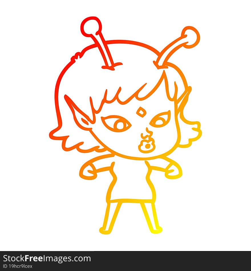 Warm Gradient Line Drawing Pretty Cartoon Alien Girl