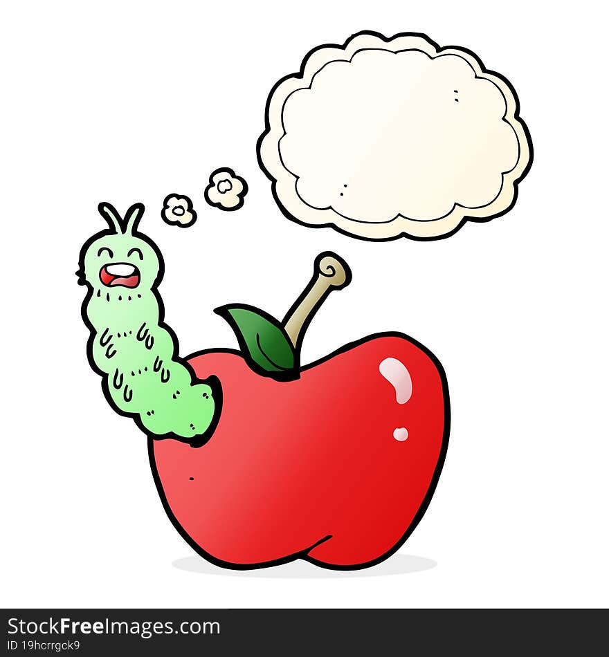 cartoon bug eating apple with thought bubble