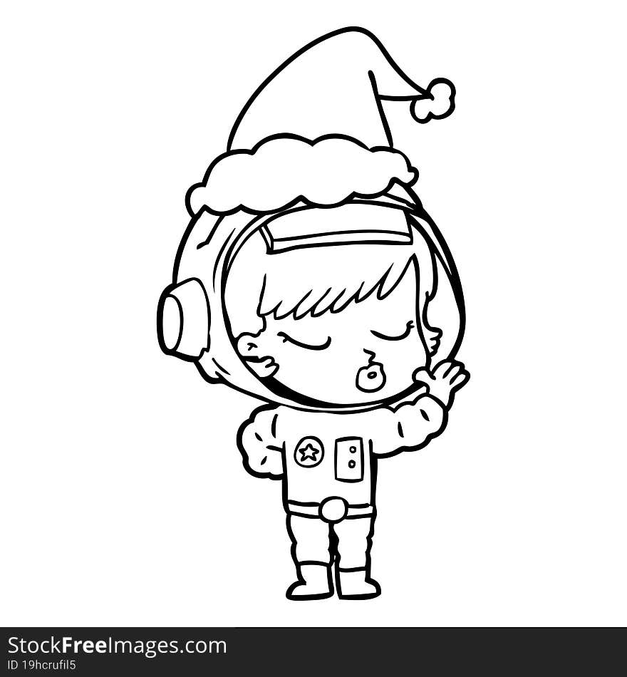 line drawing of a pretty astronaut girl wearing santa hat