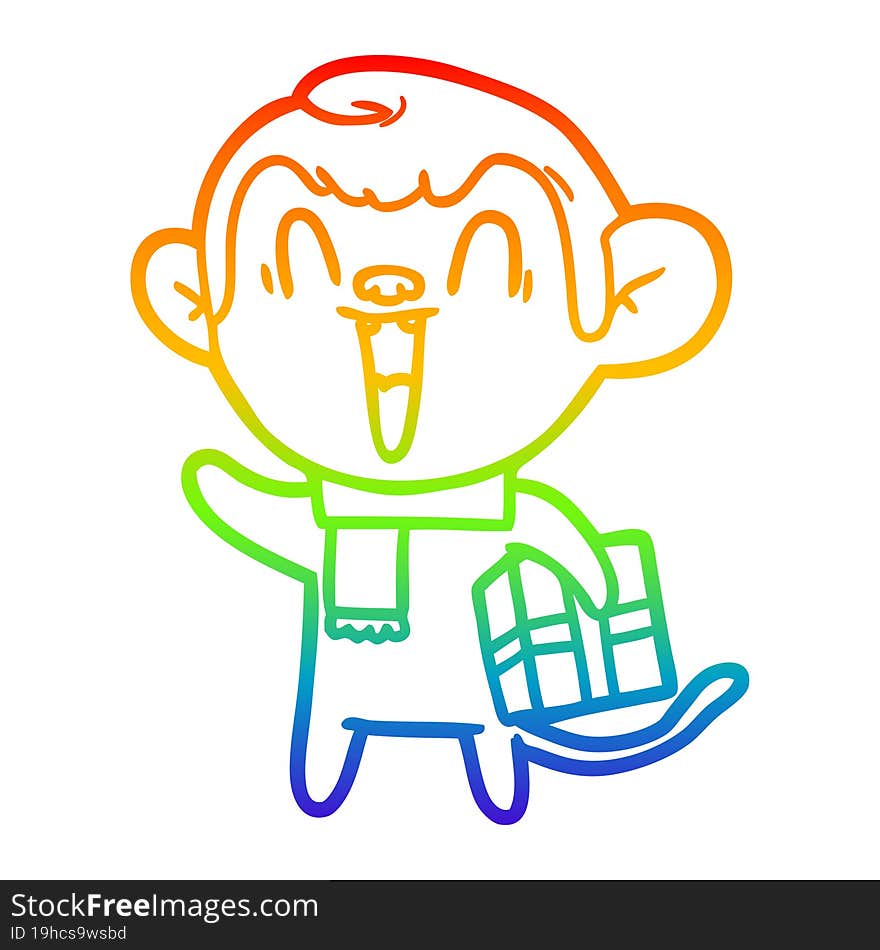 rainbow gradient line drawing of a cartoon laughing monkey