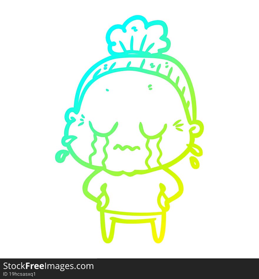 Cold Gradient Line Drawing Cartoon Crying Old Lady