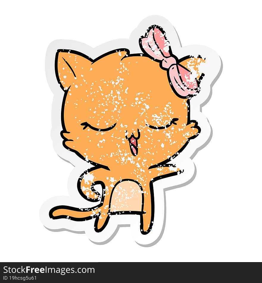 Distressed Sticker Of A Cartoon Cat With Bow On Head