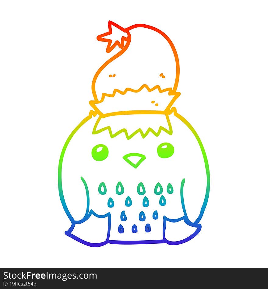 rainbow gradient line drawing cute cartoon owl wearing christmas hat