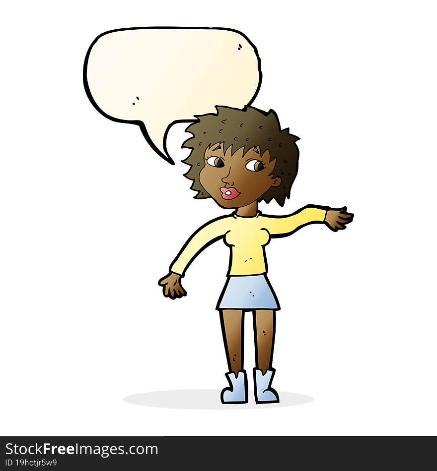 cartoon friendly woman waving with speech bubble