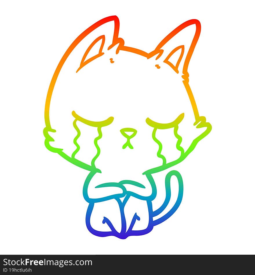 Rainbow Gradient Line Drawing Crying Cartoon Cat Sitting