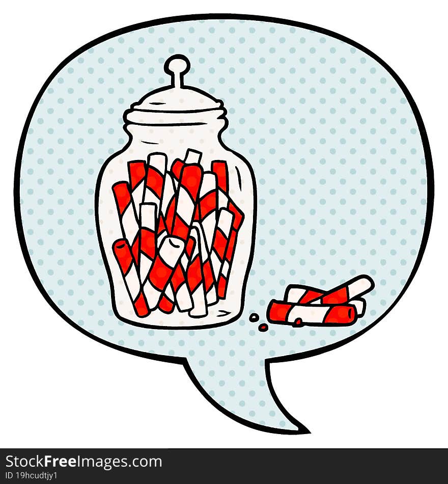 cartoon traditional candy sticks in jar and speech bubble in comic book style