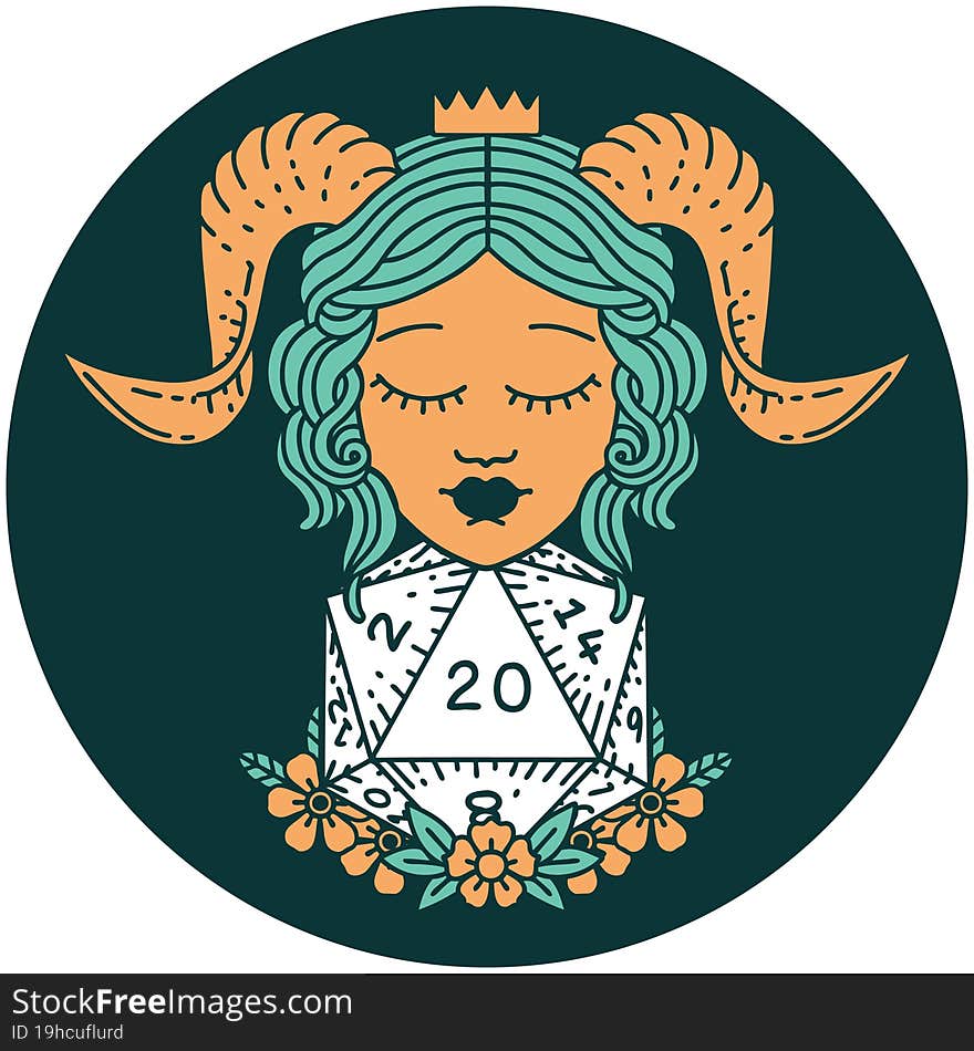 icon of tiefling with natural twenty d20 dice roll. icon of tiefling with natural twenty d20 dice roll