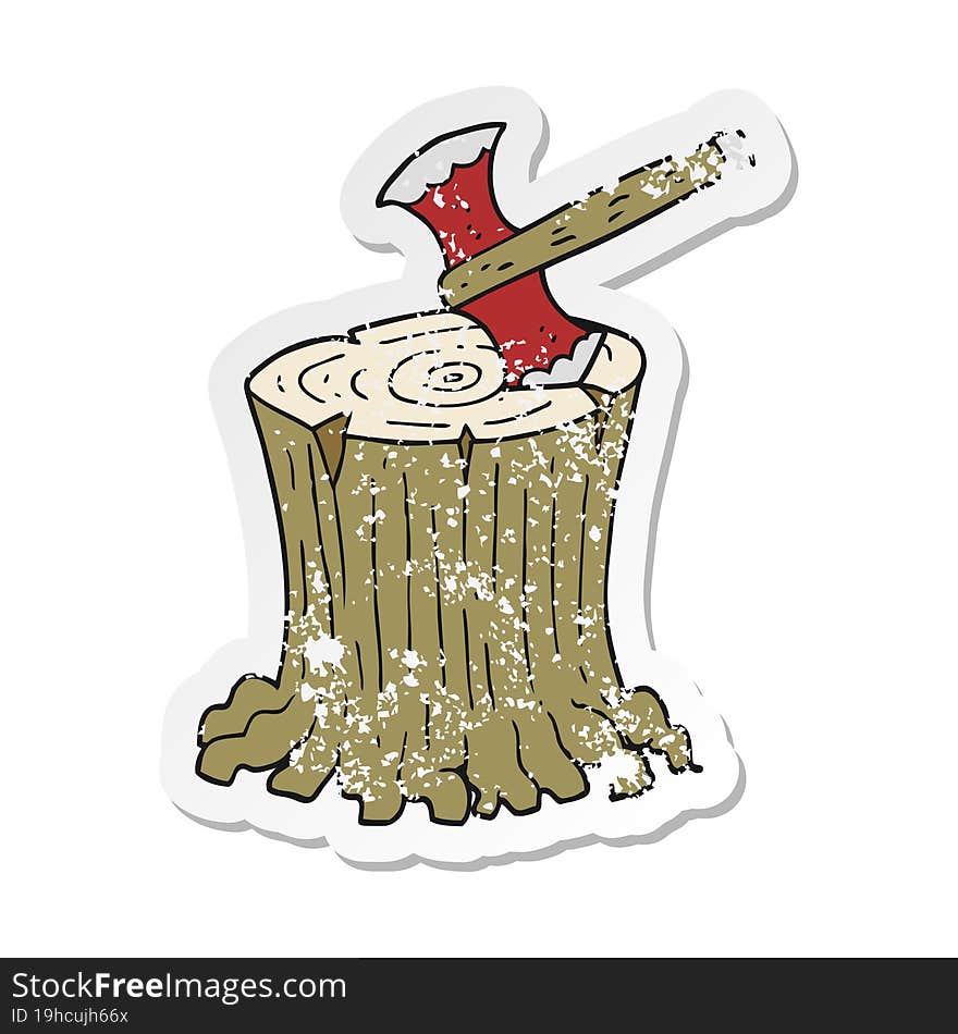 retro distressed sticker of a cartoon axe in tree stump