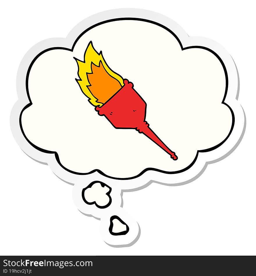 cartoon flaming torch and thought bubble as a printed sticker