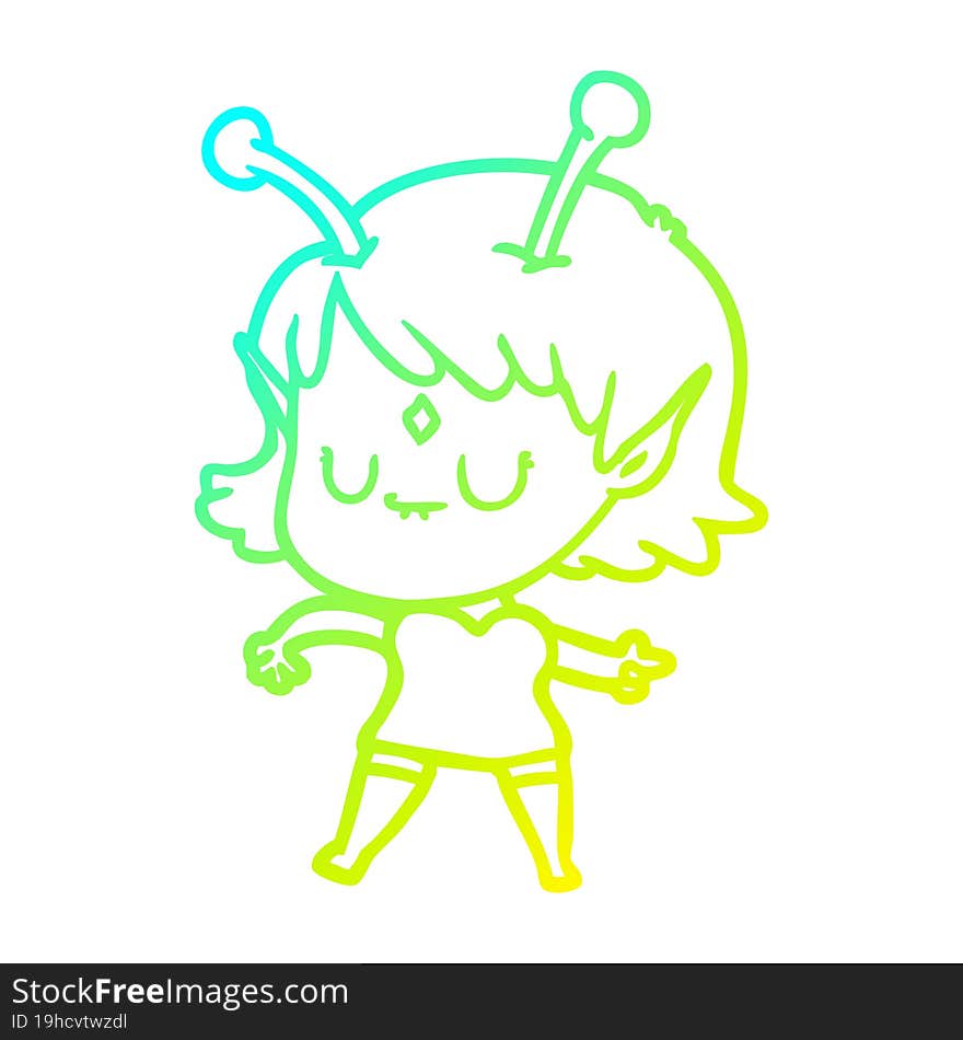 cold gradient line drawing of a cartoon alien girl