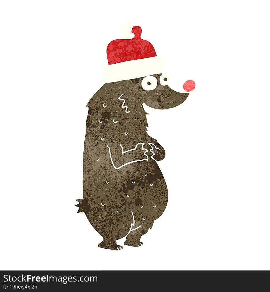 retro cartoon bear wearing christmas hat