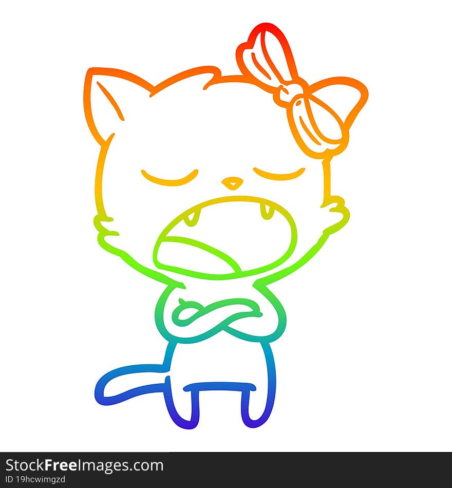 rainbow gradient line drawing of a annoyed cartoon cat