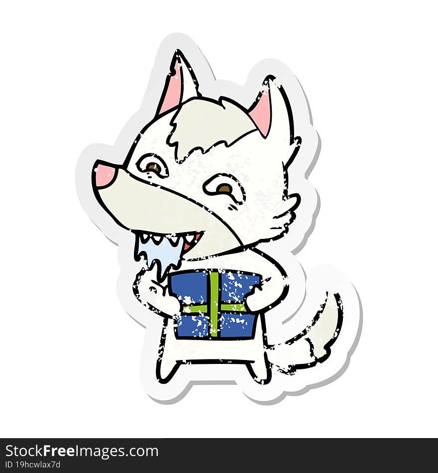 distressed sticker of a cartoon hungry wolf holding christmas present