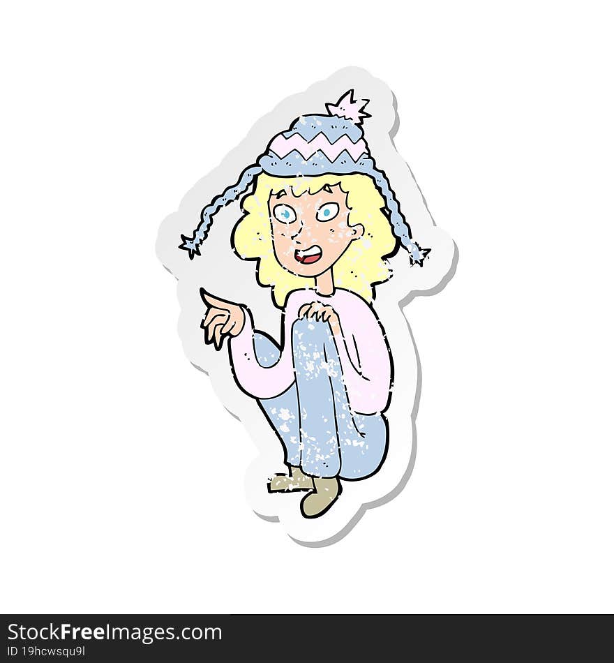 retro distressed sticker of a cartoon woman wearing winter hat