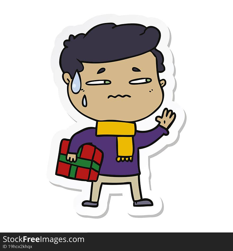 sticker of a cartoon anxious man with christmas gift