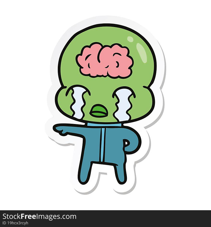 sticker of a cartoon big brain alien crying