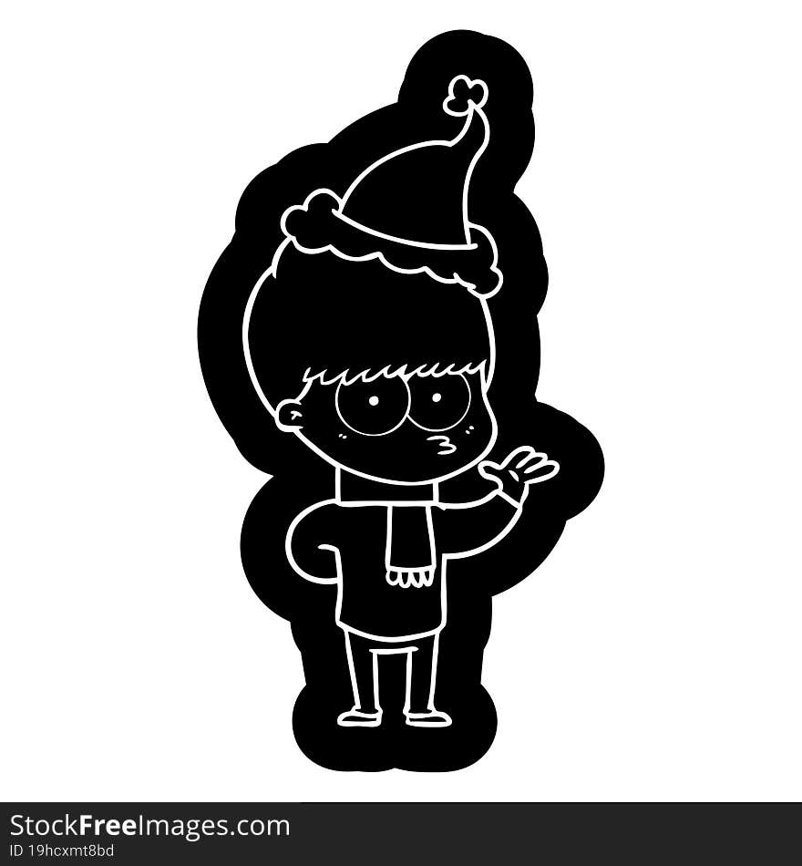 nervous cartoon icon of a boy wearing santa hat