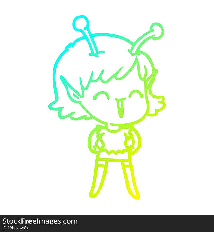 cold gradient line drawing of a cartoon alien girl laughing