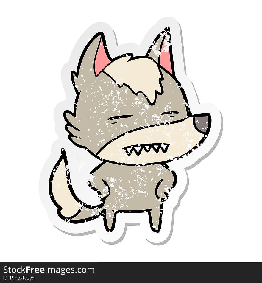 Distressed Sticker Of A Cartoon Wolf Showing Teeth