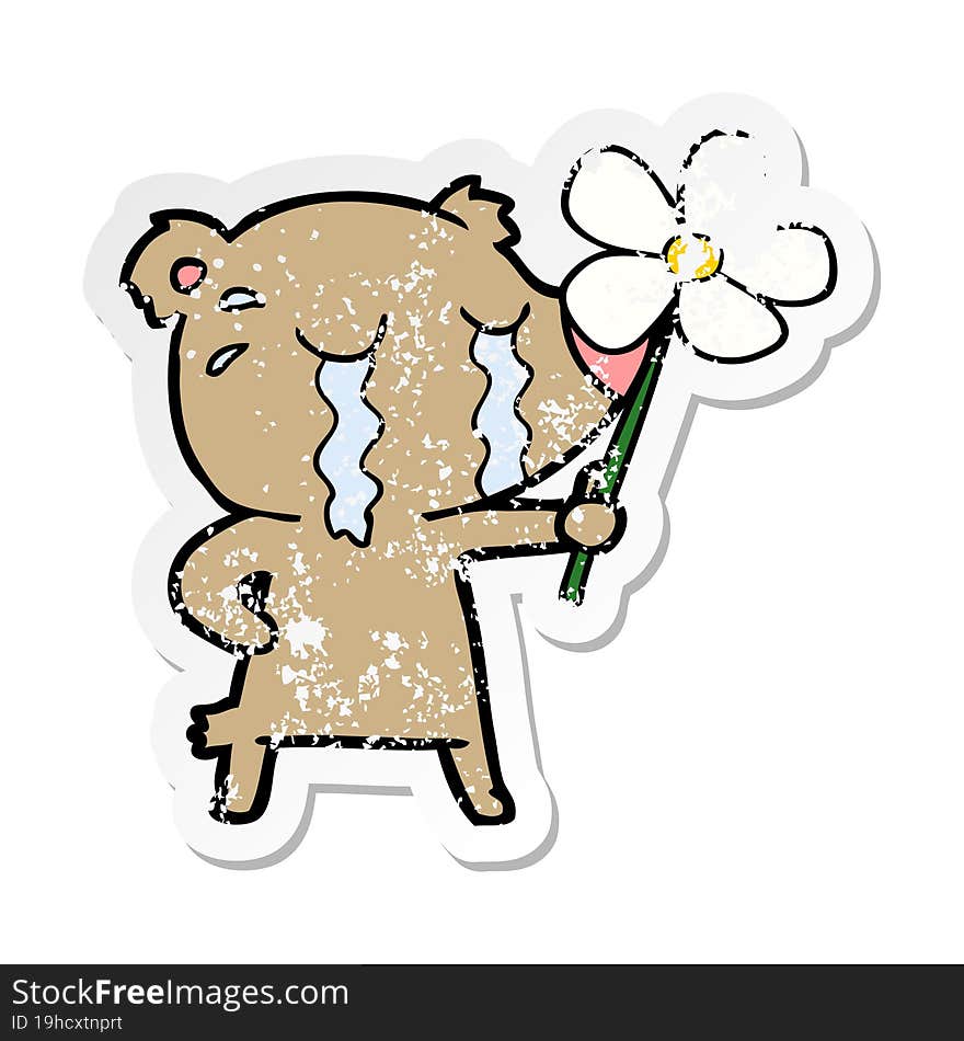 Distressed Sticker Of A Cartoon Crying Bear With Flower