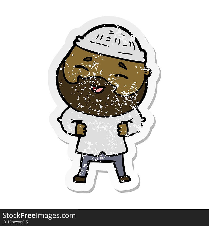 distressed sticker of a cartoon happy bearded man