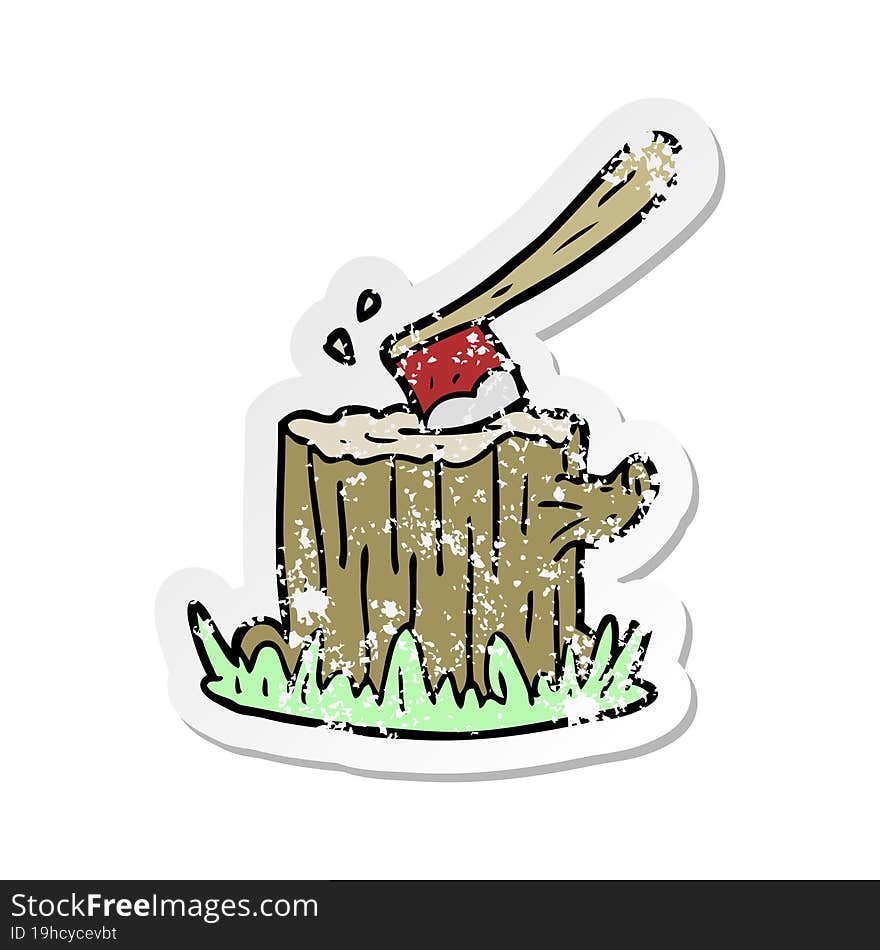 Distressed Sticker Of A Cartoon Axe In Tree Stump