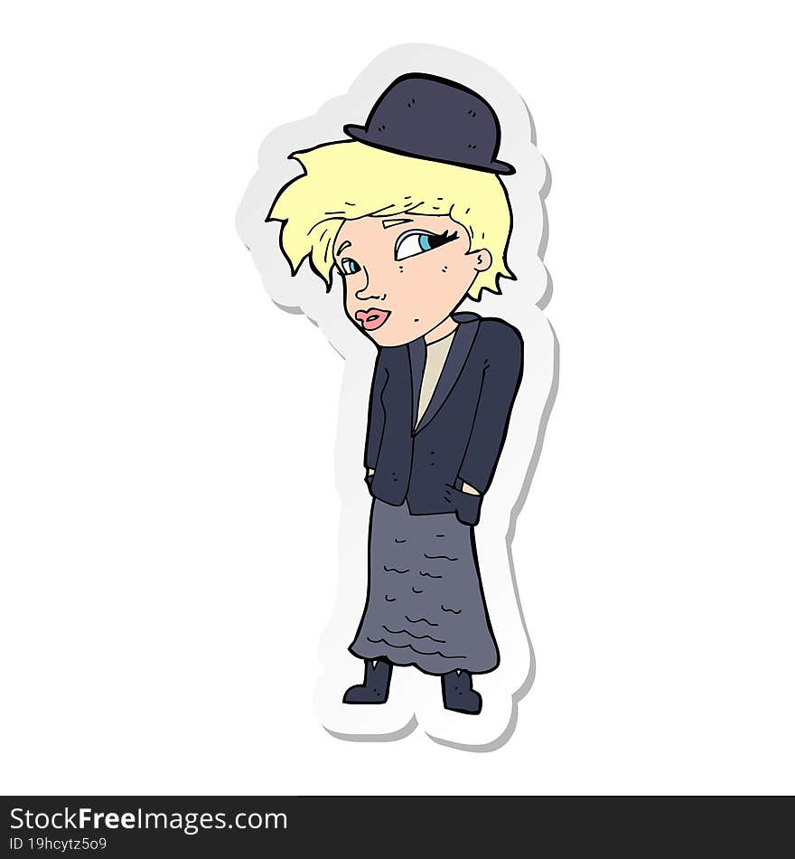 Sticker Of A Cartoon Woman In Bowler Hat