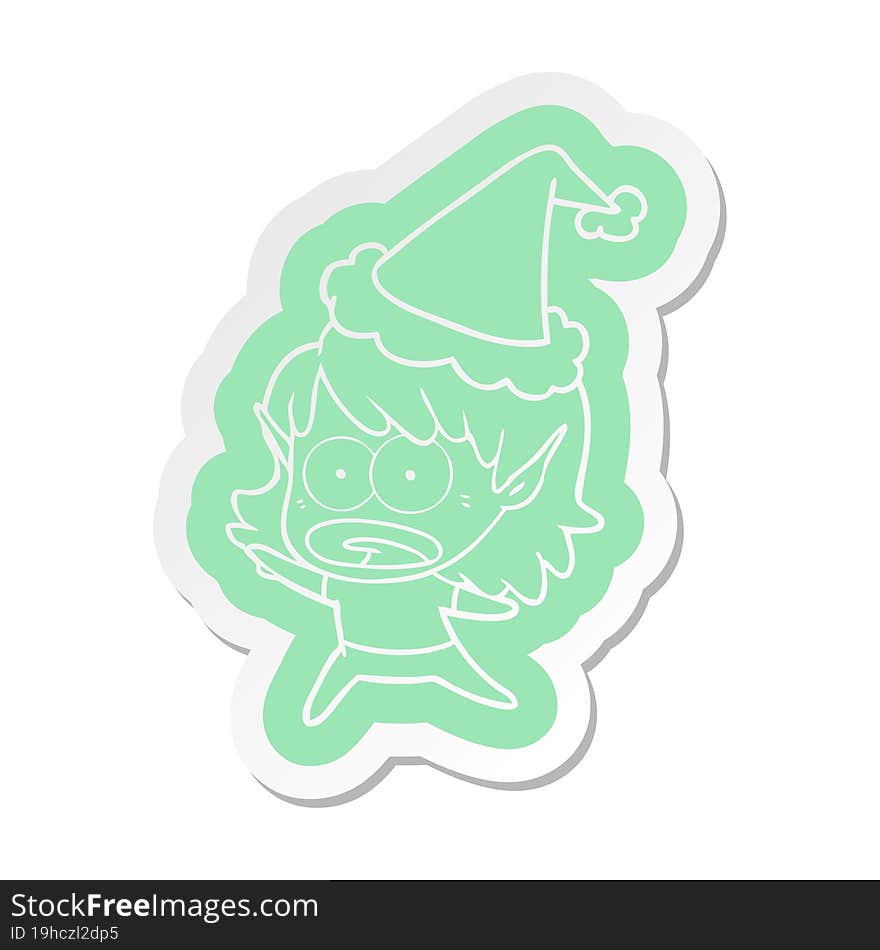 cartoon  sticker of a shocked elf girl wearing santa hat