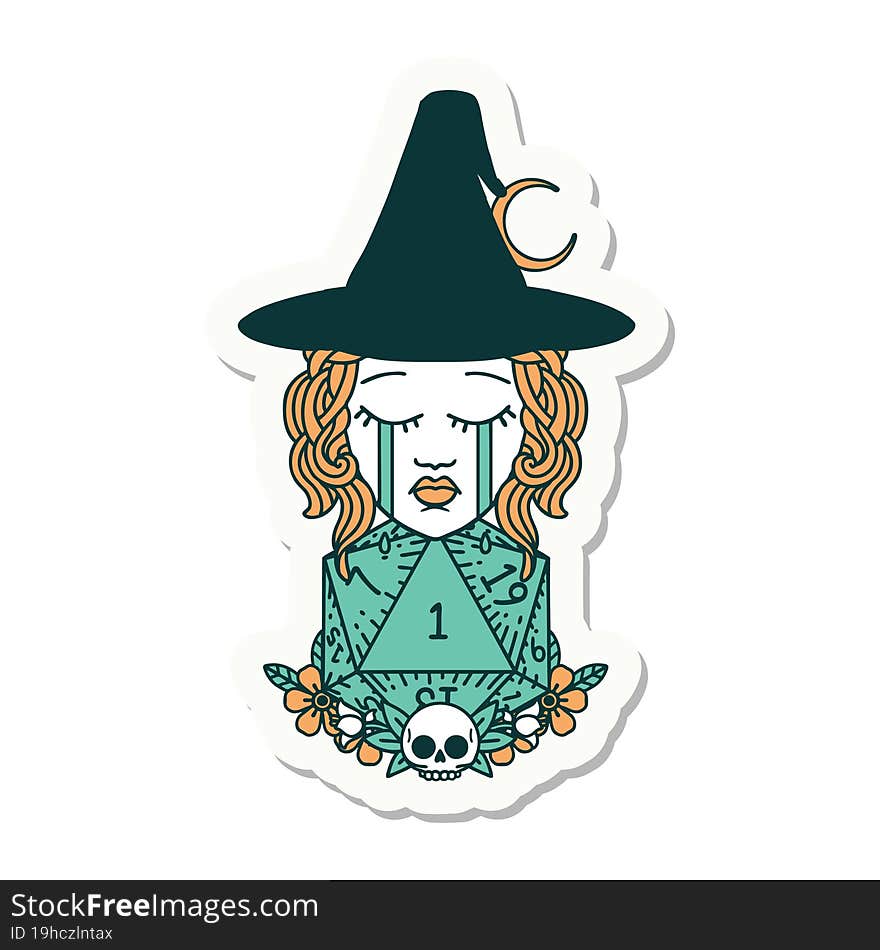 crying human witch with natural one D20 dice roll sticker