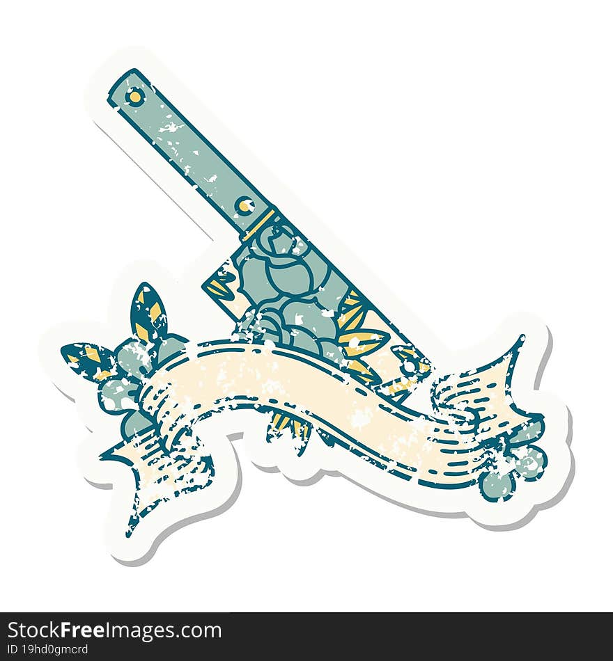 grunge sticker with banner of a cleaver and flowers