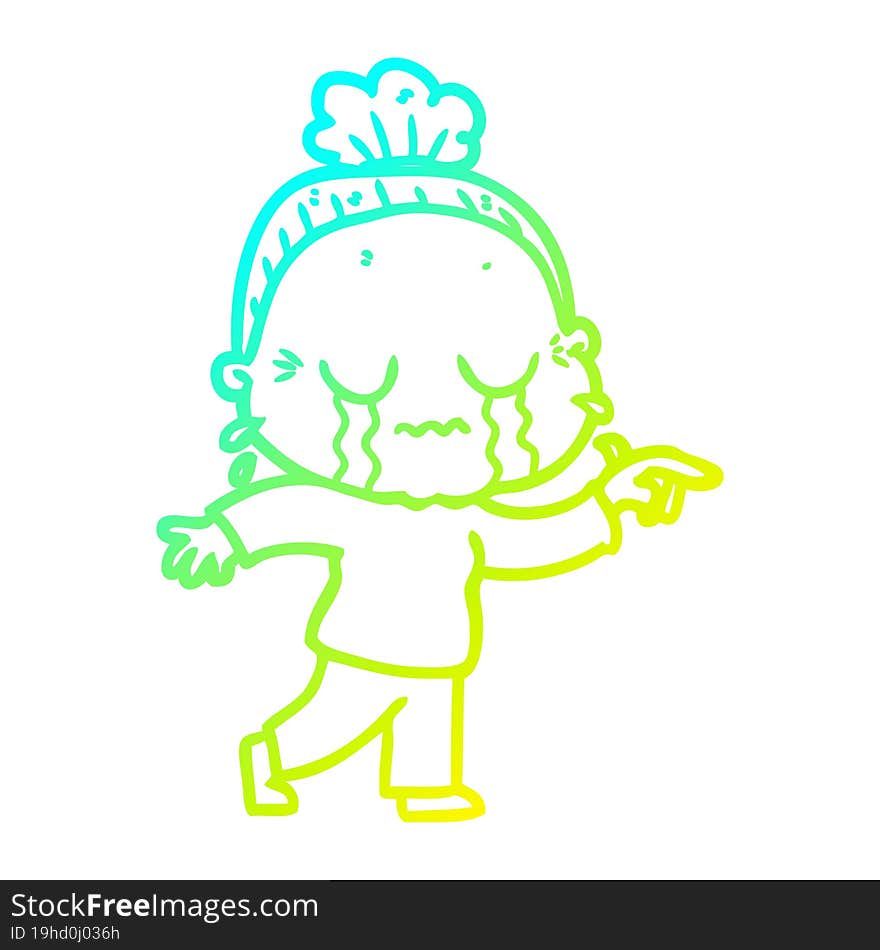 cold gradient line drawing cartoon crying old lady