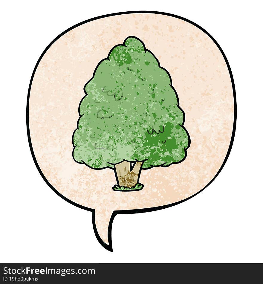 cartoon tall tree and speech bubble in retro texture style