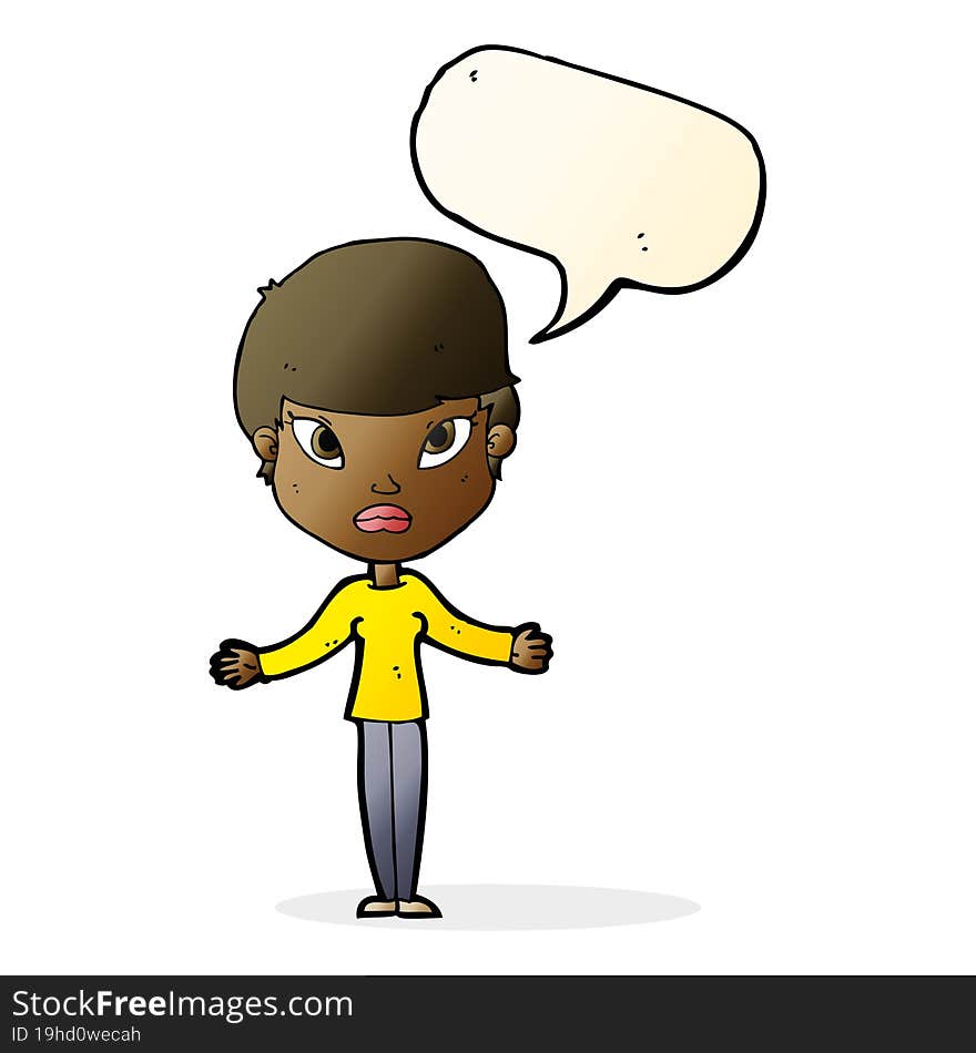 cartoon woman shrugging shoulders with speech bubble