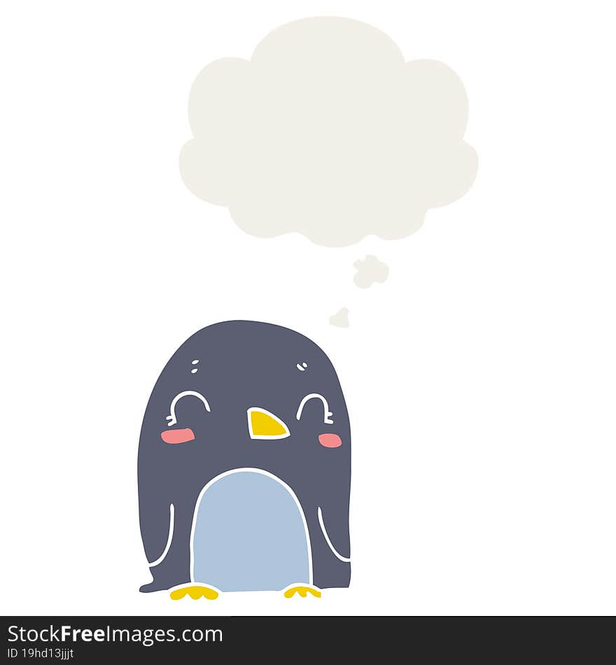 cartoon penguin with thought bubble in retro style