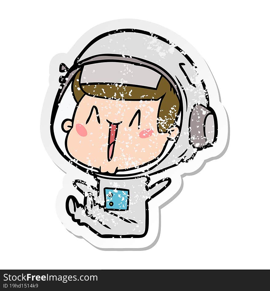 distressed sticker of a happy cartoon astronaut sitting