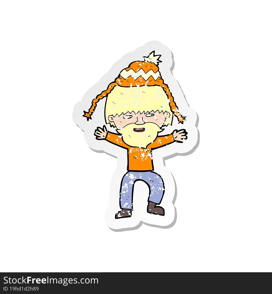 retro distressed sticker of a cartoon hipster man in hat