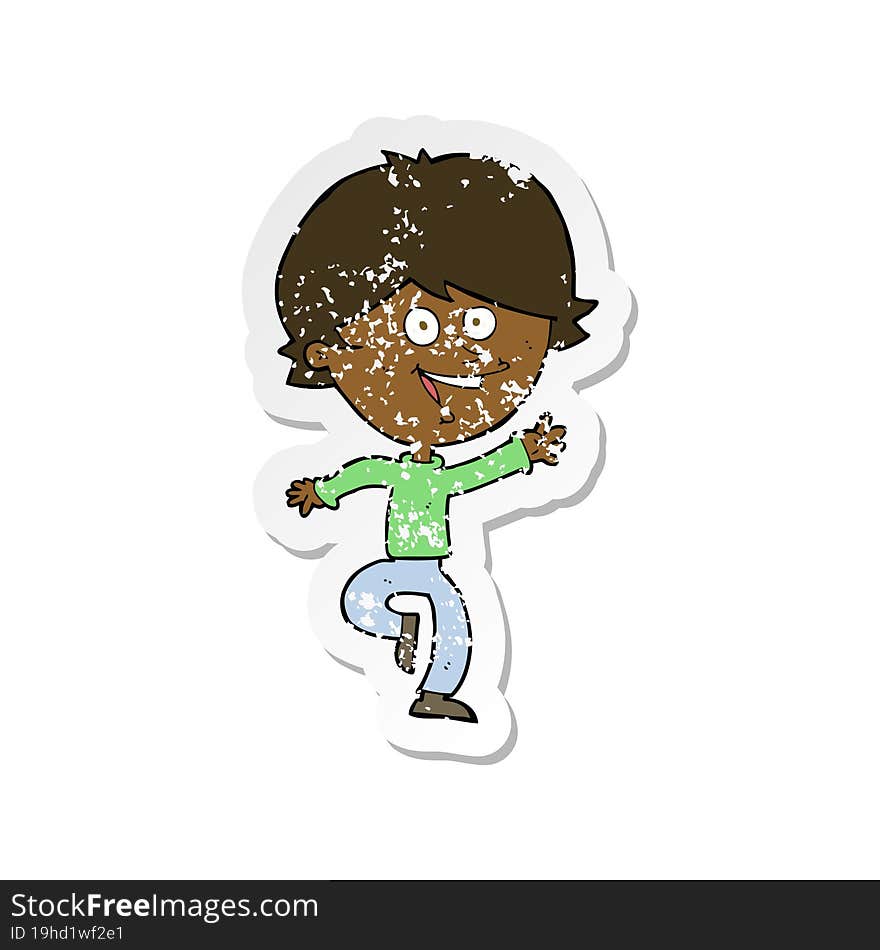 retro distressed sticker of a cartoon happy waving boy