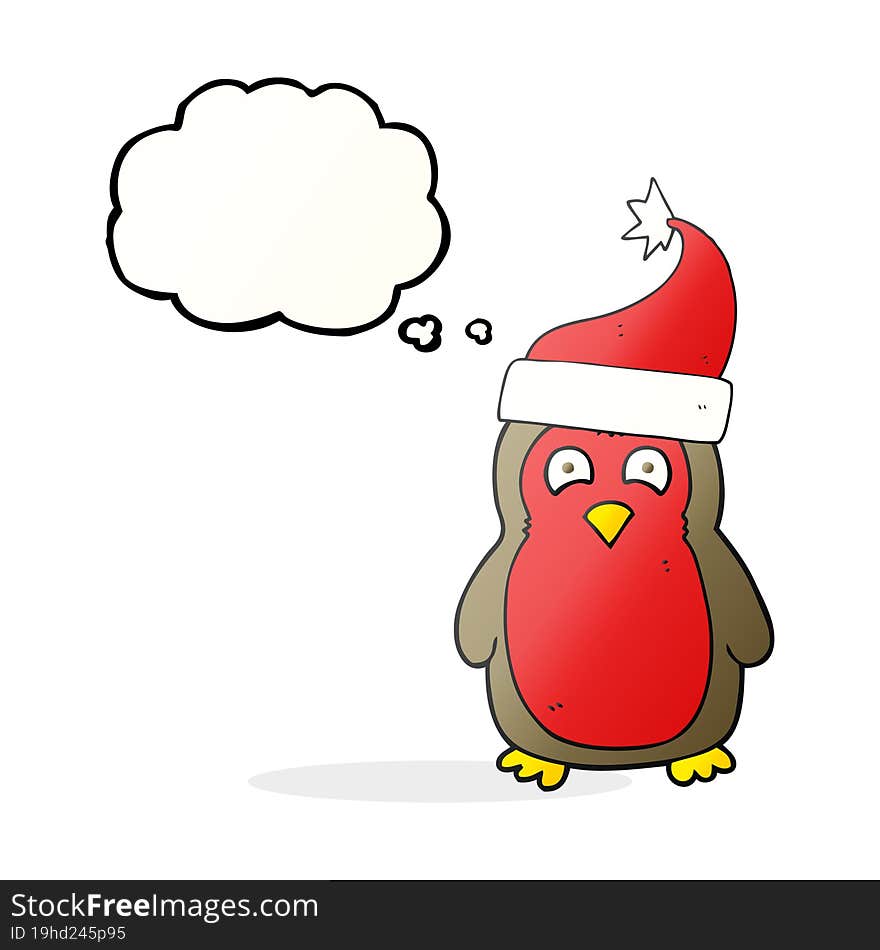 Thought Bubble Cartoon Christmas Robin Wearing Santa Hat