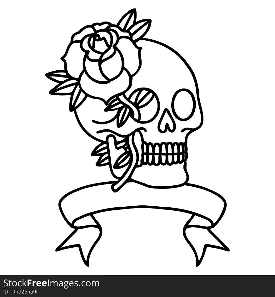 traditional black linework tattoo with banner of a skull and rose